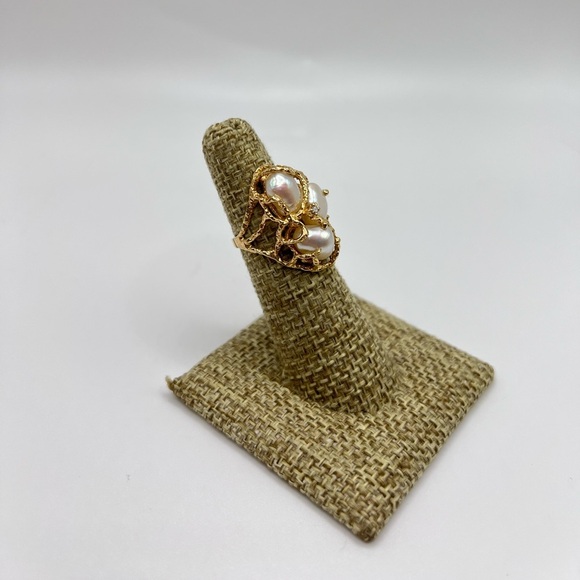 Vintage 14K Gold Baroque Pearl & Diamond Coral Style Ring – Size 4.75 - Picture 3 of 9